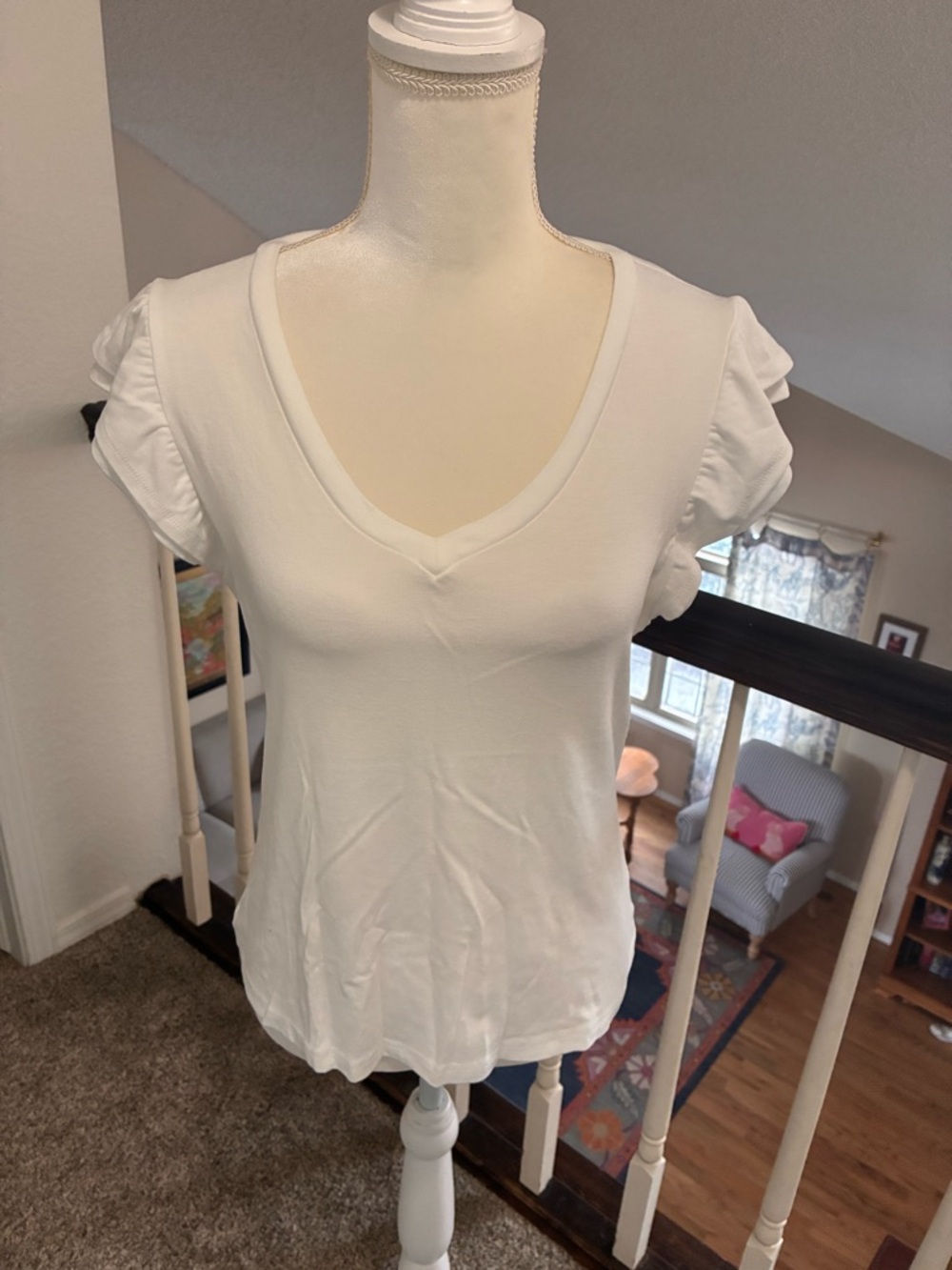 Women's White V-Neck Short Sleeve Tee with Ruffled Shoulders